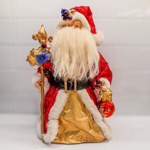Traditional Red and Gold Santa Treetop/Tabletop Christmas Holiday Decor, 12”H